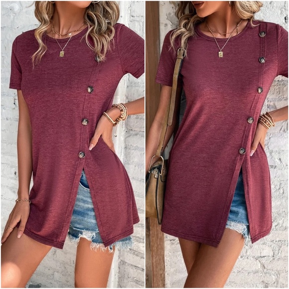 Tops - Burgundy Button Solid Tee